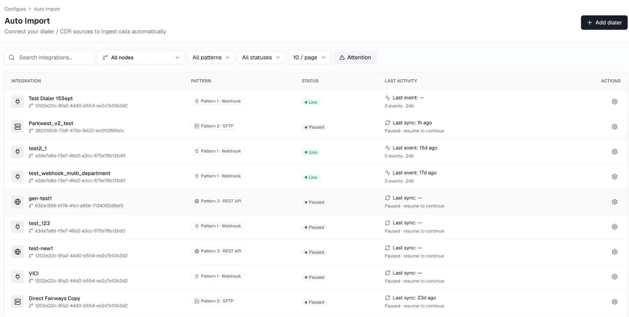 Auto Import — dialer and CDR integrations with pattern, live/paused status, and last activity per connection