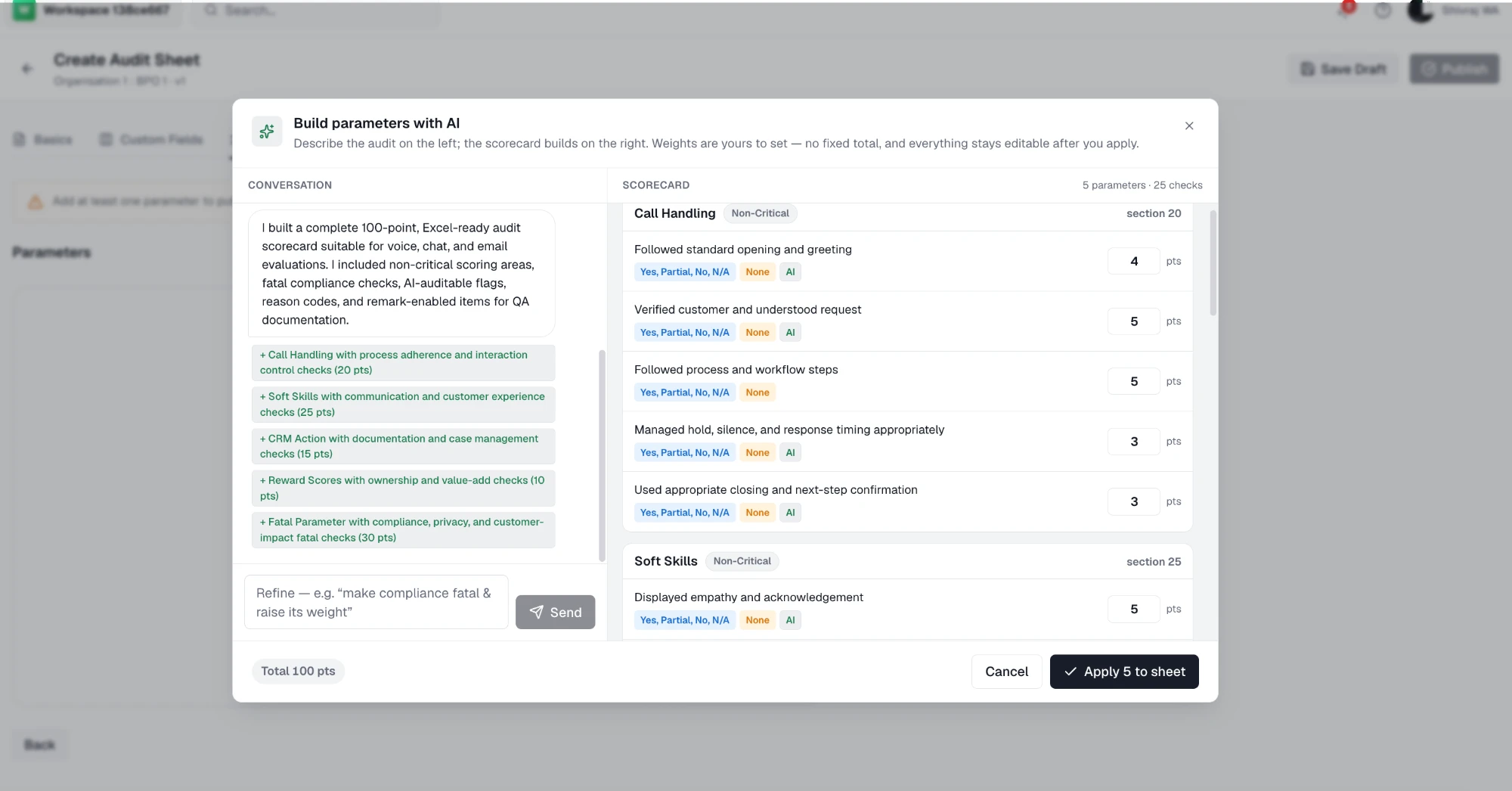 Build parameters with AI — conversation on the left, generated scorecard with sections, checks, and weights on the right