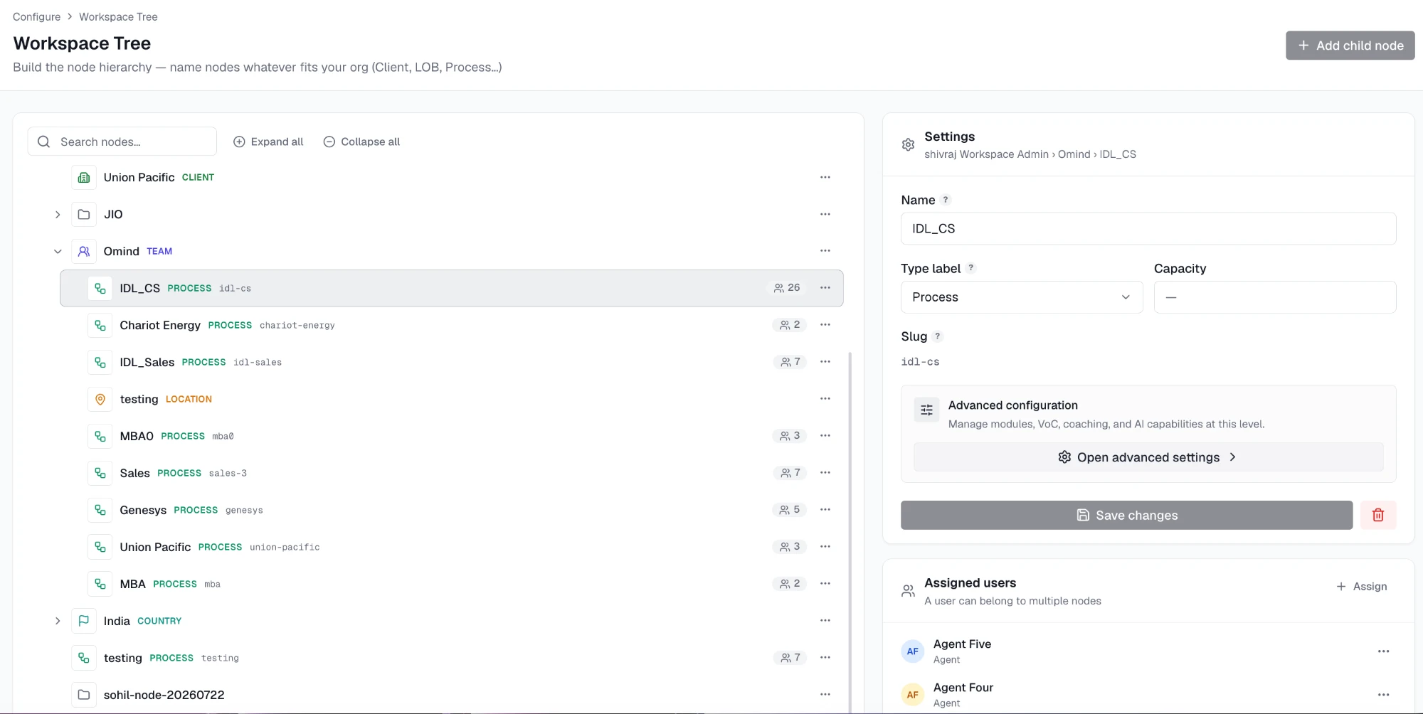 Workspace Tree — nested Client, Team, Process, and Location nodes with per-node settings and assigned users
